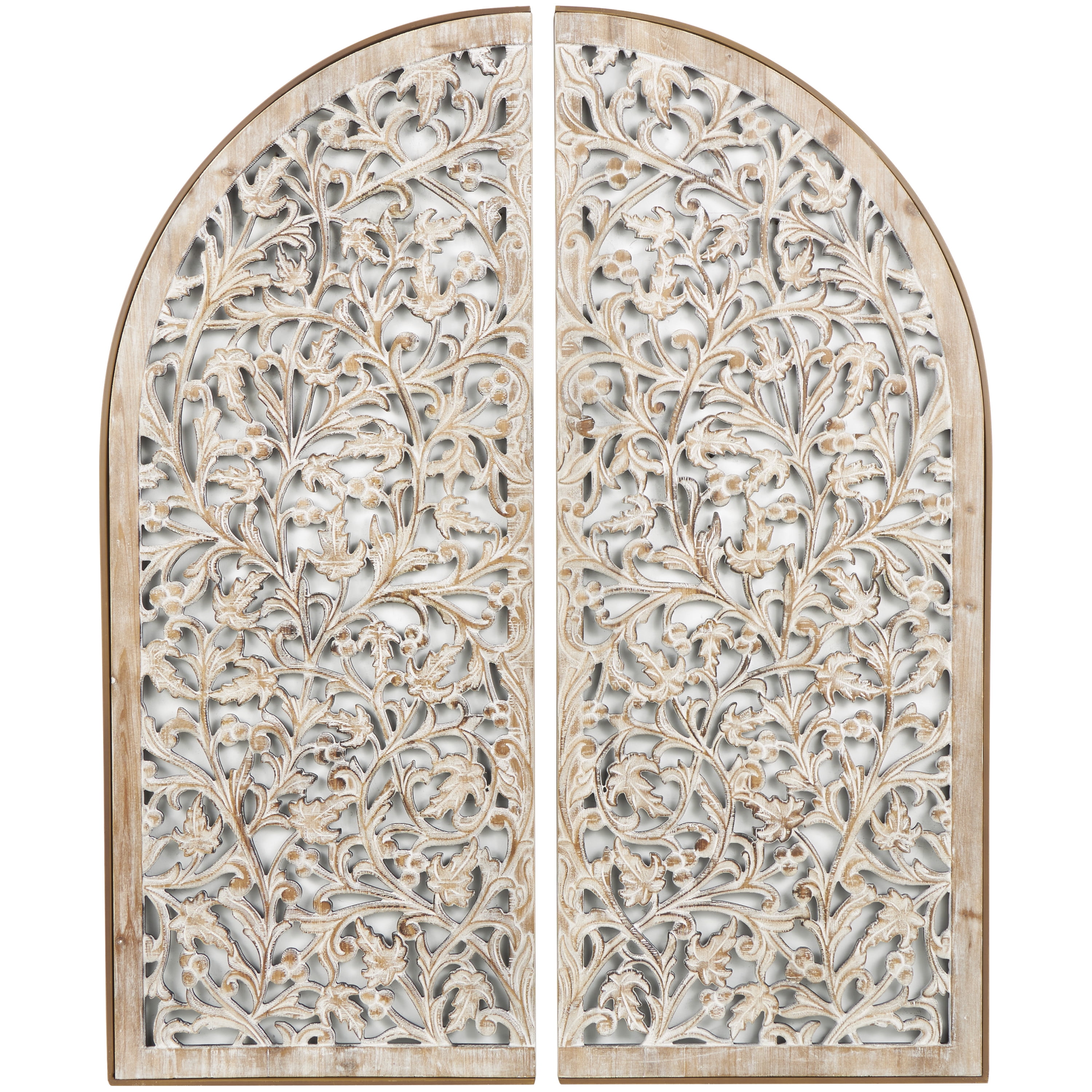 DecMode Brown Wooden Handmade Arched Floral Wall Decor with Intricate Carvings (2 Count)