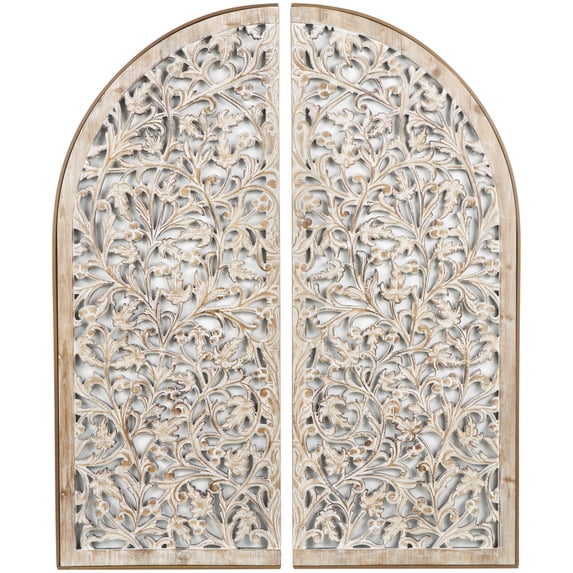 DecMode Brown Wooden Handmade Arched Floral Wall Decor with Intricate Carvings (2 Count)