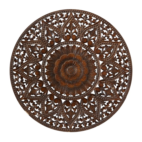 DecMode Brown Wooden Handmade Intricately Carved Circle Mandala Floral Wall Decor with Mandala Design