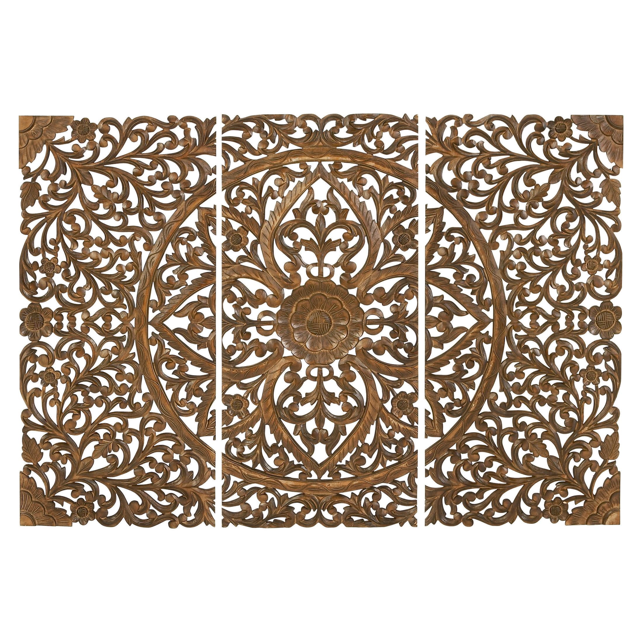 DecMode Brown Wooden Handmade Intricately Carved Floral Wall Decor (3 Count)