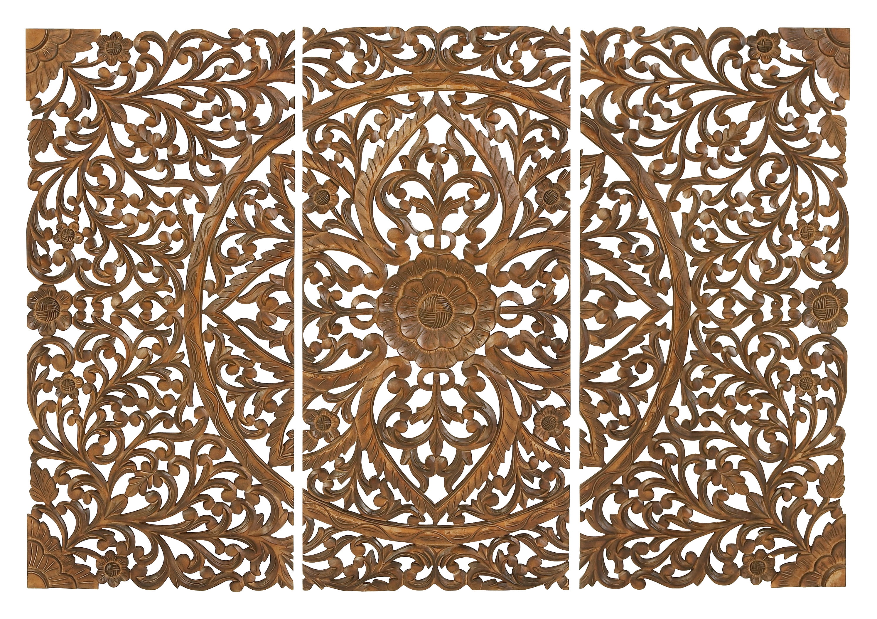 DecMode Brown Wooden Handmade Intricately Carved Floral Wall Decor (3 ...