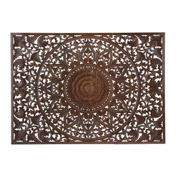 DecMode Brown Wooden Handmade Intricately Carved Floral Wall Decor with Mandala Design (3 Count)