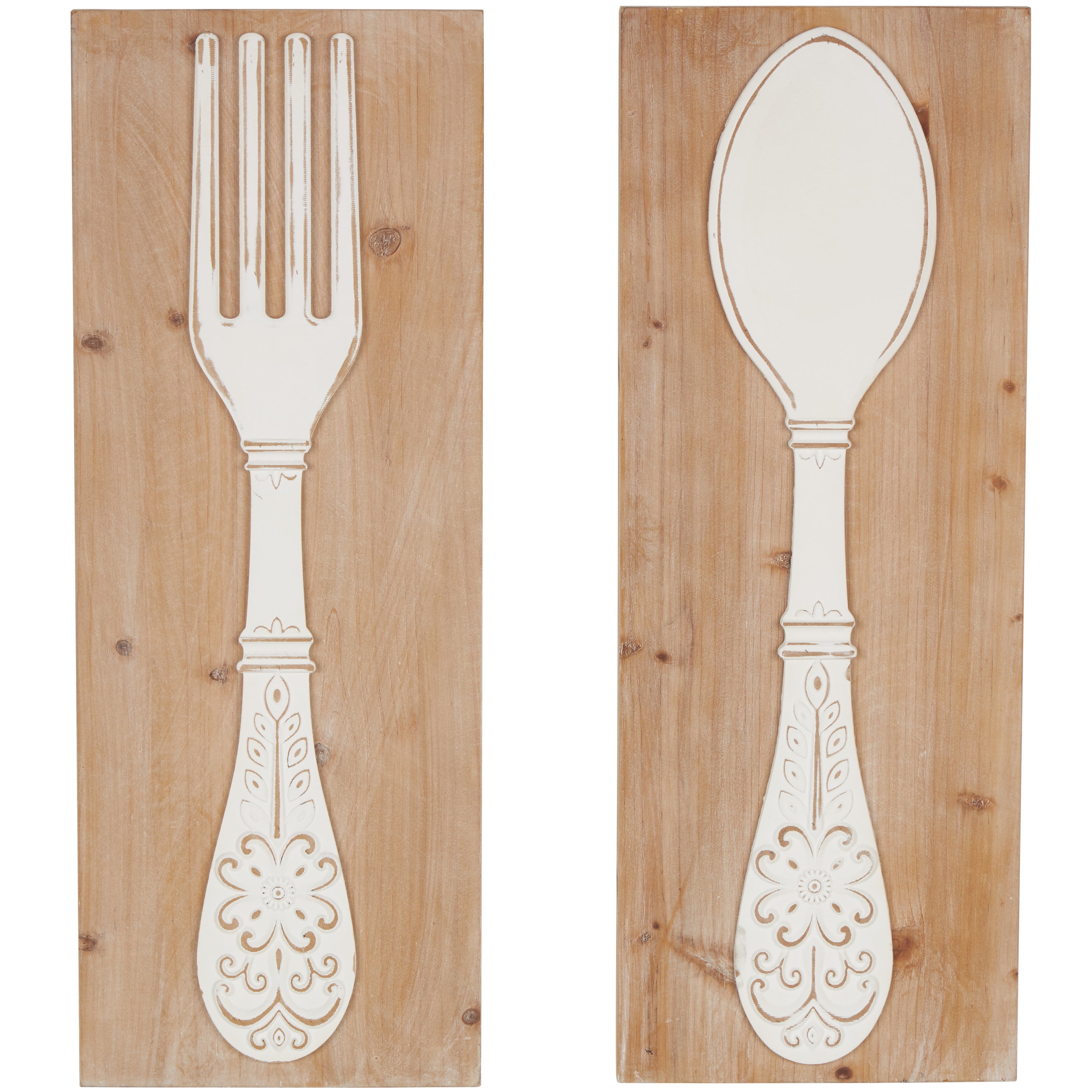 Brown and Cream Carved Wooden Utensils Wall Decor Set