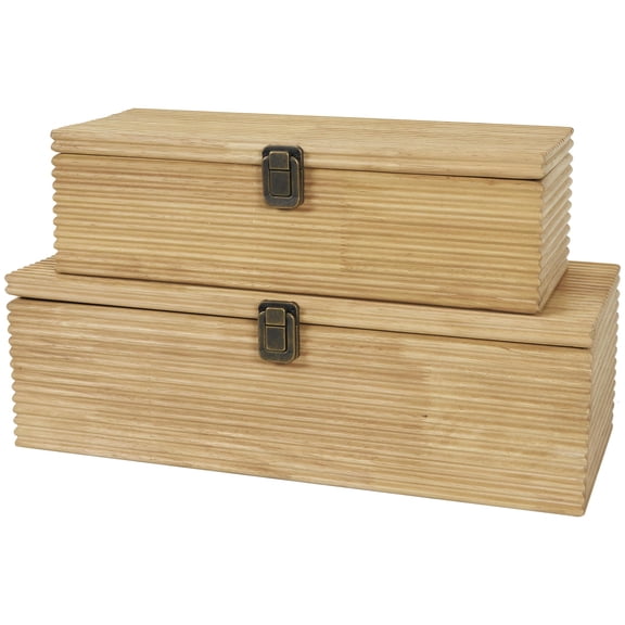 DecMode Carved Linear Light Brown Wood Decorative Box, 2 Count