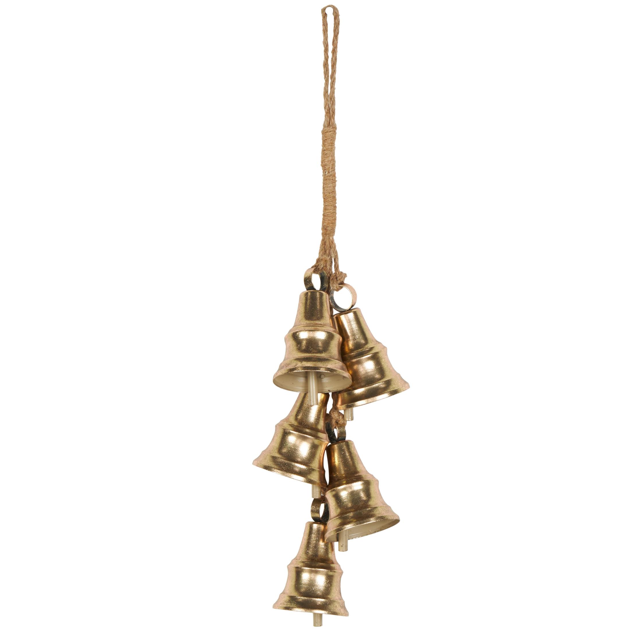 DecMode Tibetan Inspired Cascading Cluster Gold Metal Cluster Decorative Bells with 5 Bells on Jute Hanging Rope