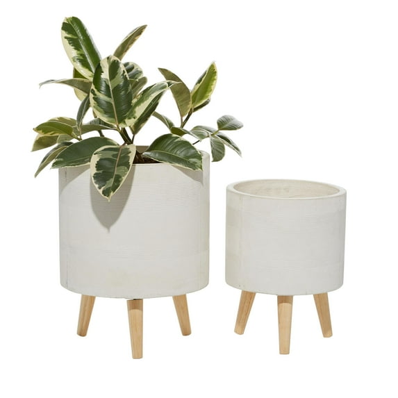 DecMode Ceramic Contemporary Planter Set of 2 16", 13"H, Matte White Finish with Natural Toned Wooden Legs