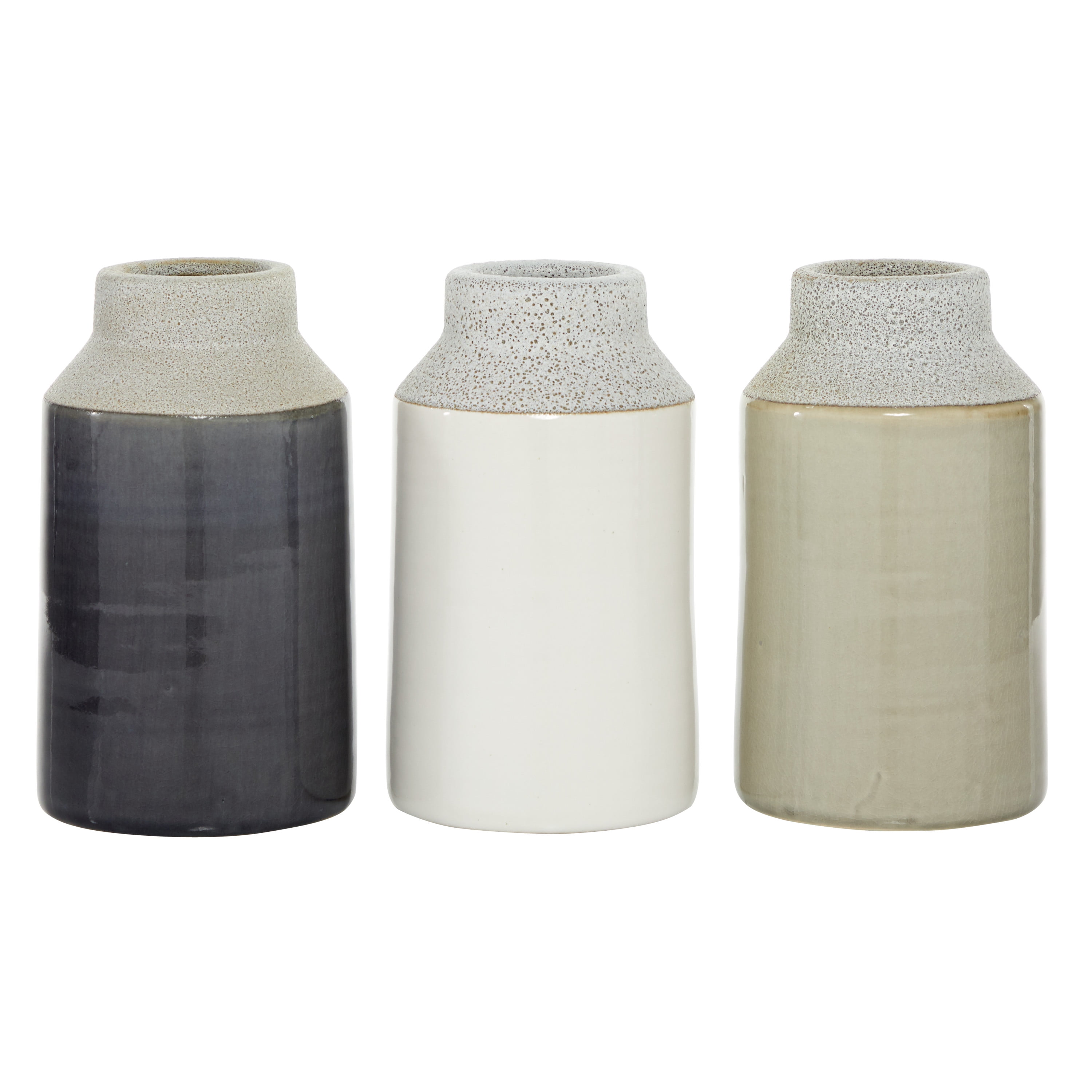 Set of 3 Glossy White, Beige, and Gray Porcelain Cylinder Vases