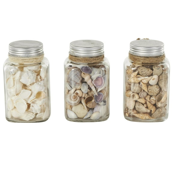 DecMode Clear 3" Glass Orbs & Vase Filler with Seashells and Jute Rope Accents (3 Count)