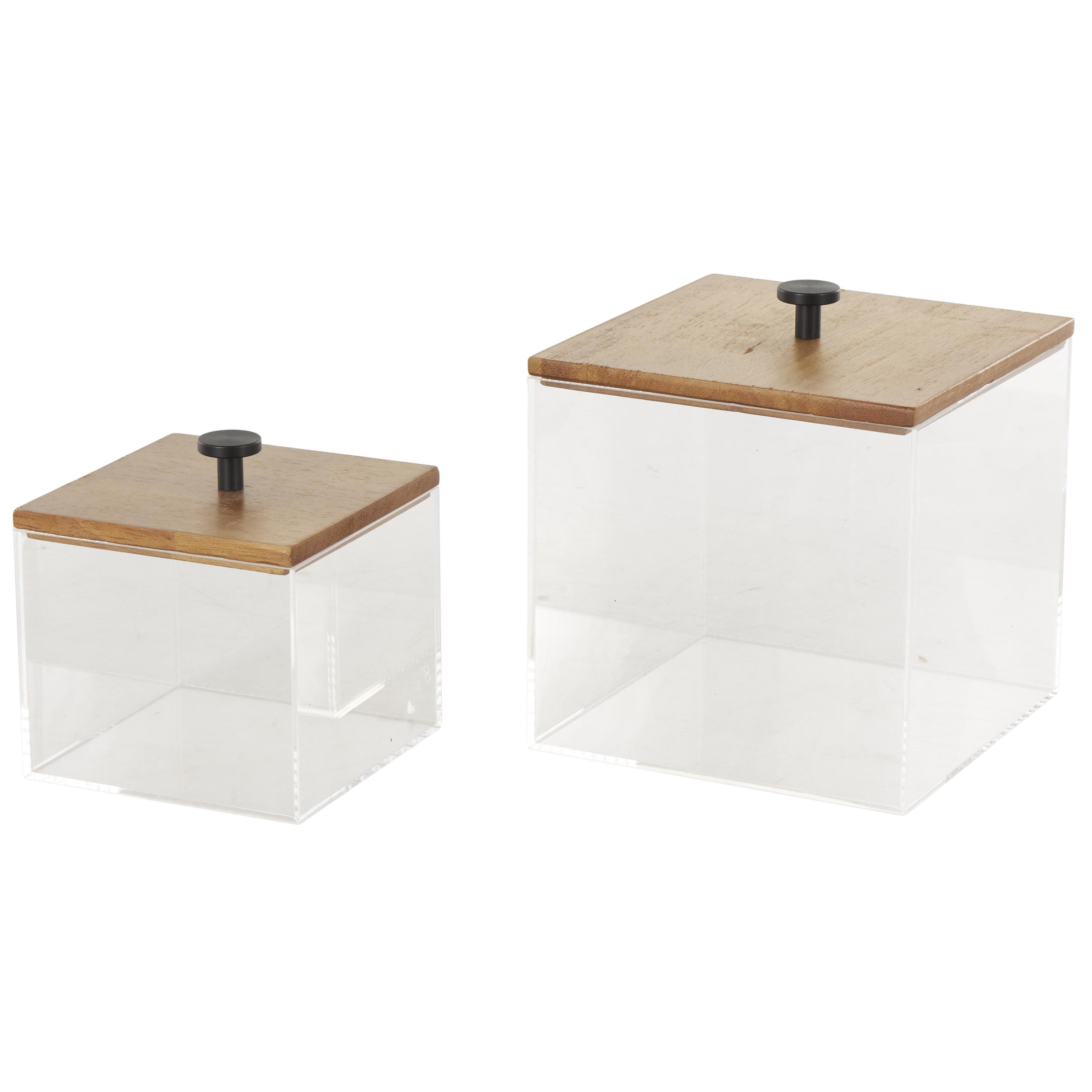 DecMode Clear Acrylic Plastic Decorative Box with Brown Wooden Lids and Black Knobs, 2 Count