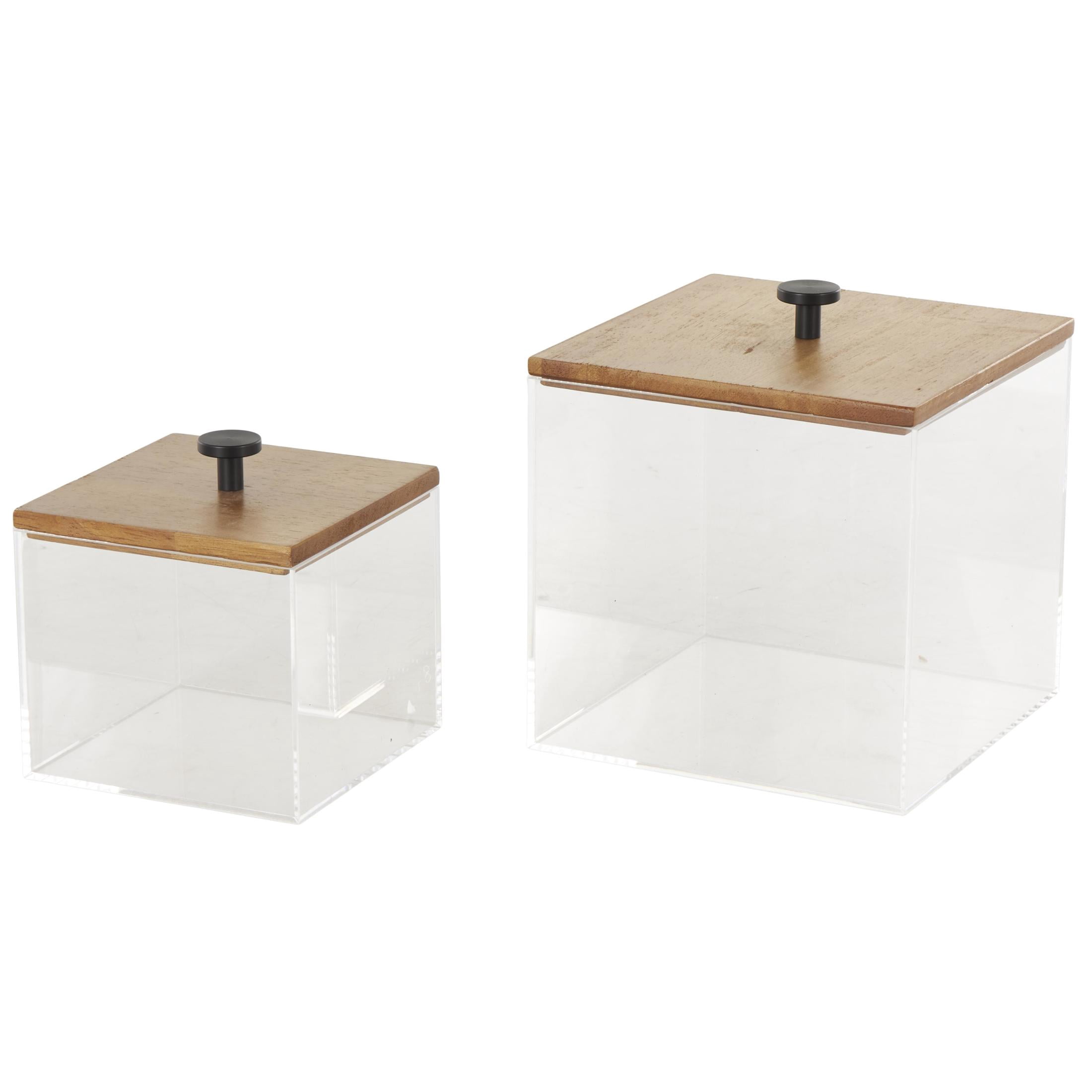 DecMode Clear Acrylic Plastic Decorative Box with Brown Wooden Lids and Black Knobs, 2 Count