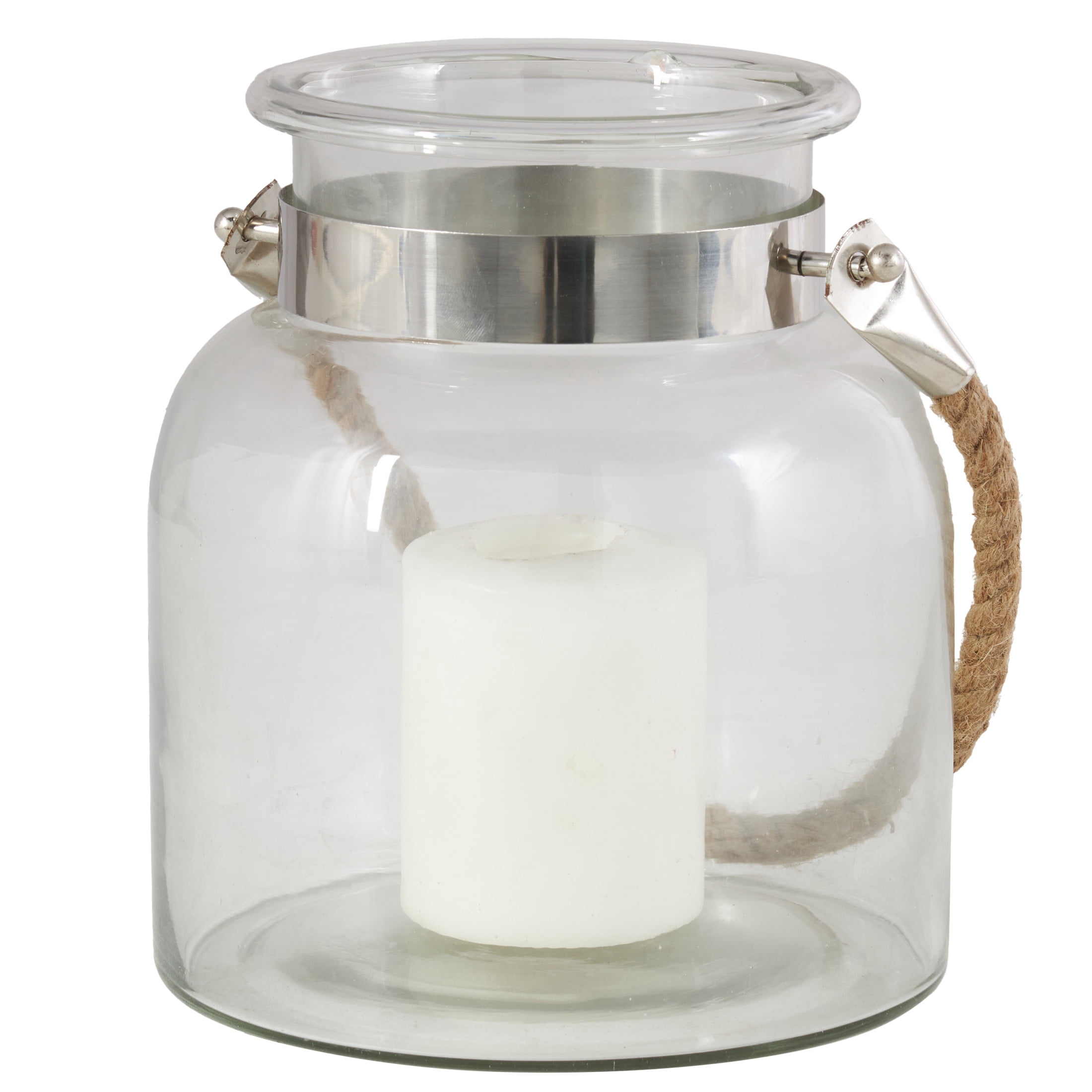 DecMode Clear Glass Handmade Decorative Candle Lantern with Rope Handle