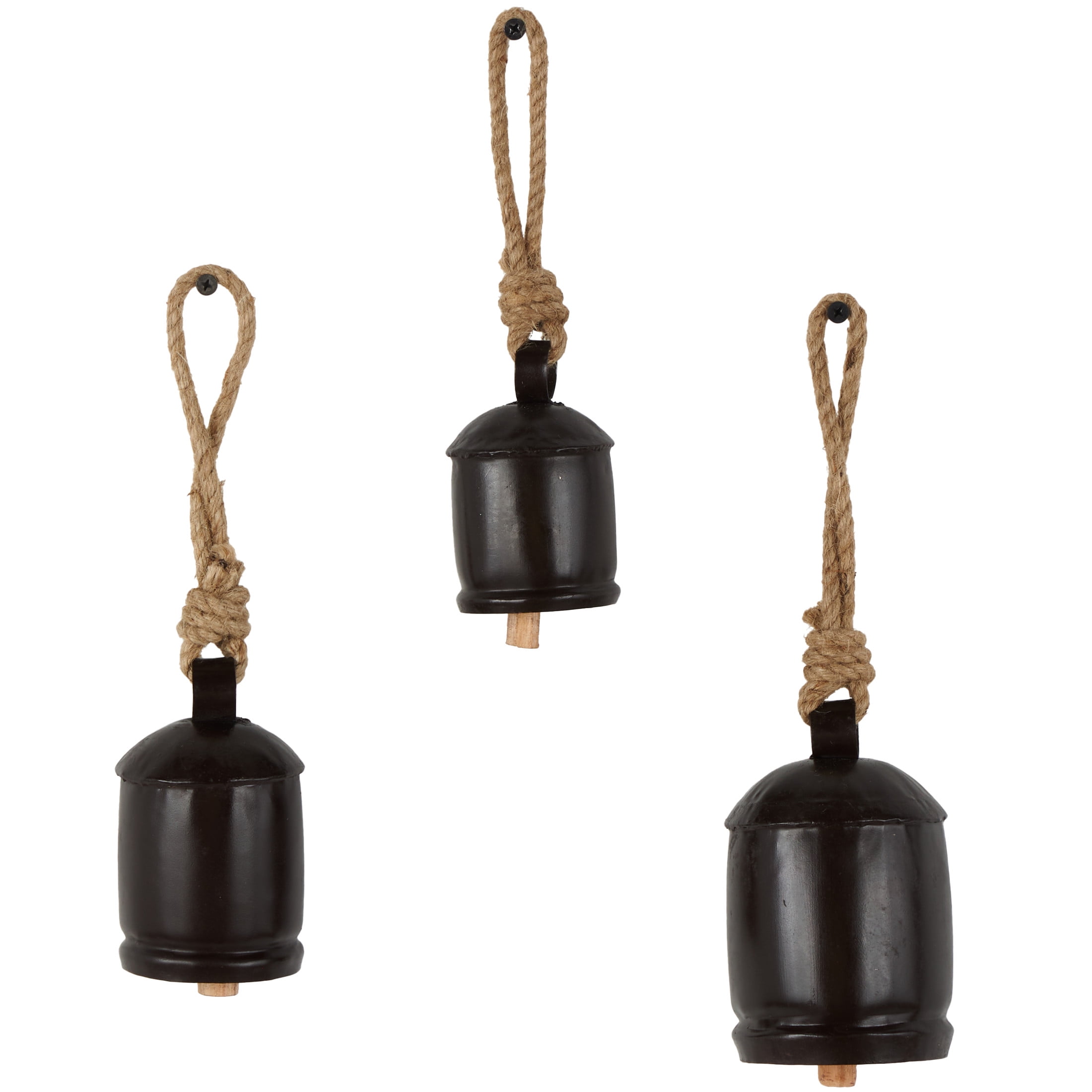 DecMode Tibetan Inspired Dark Brown Metal Cylindrical Decorative Cow Bells with Jute Hanging Rope, 3 Count
