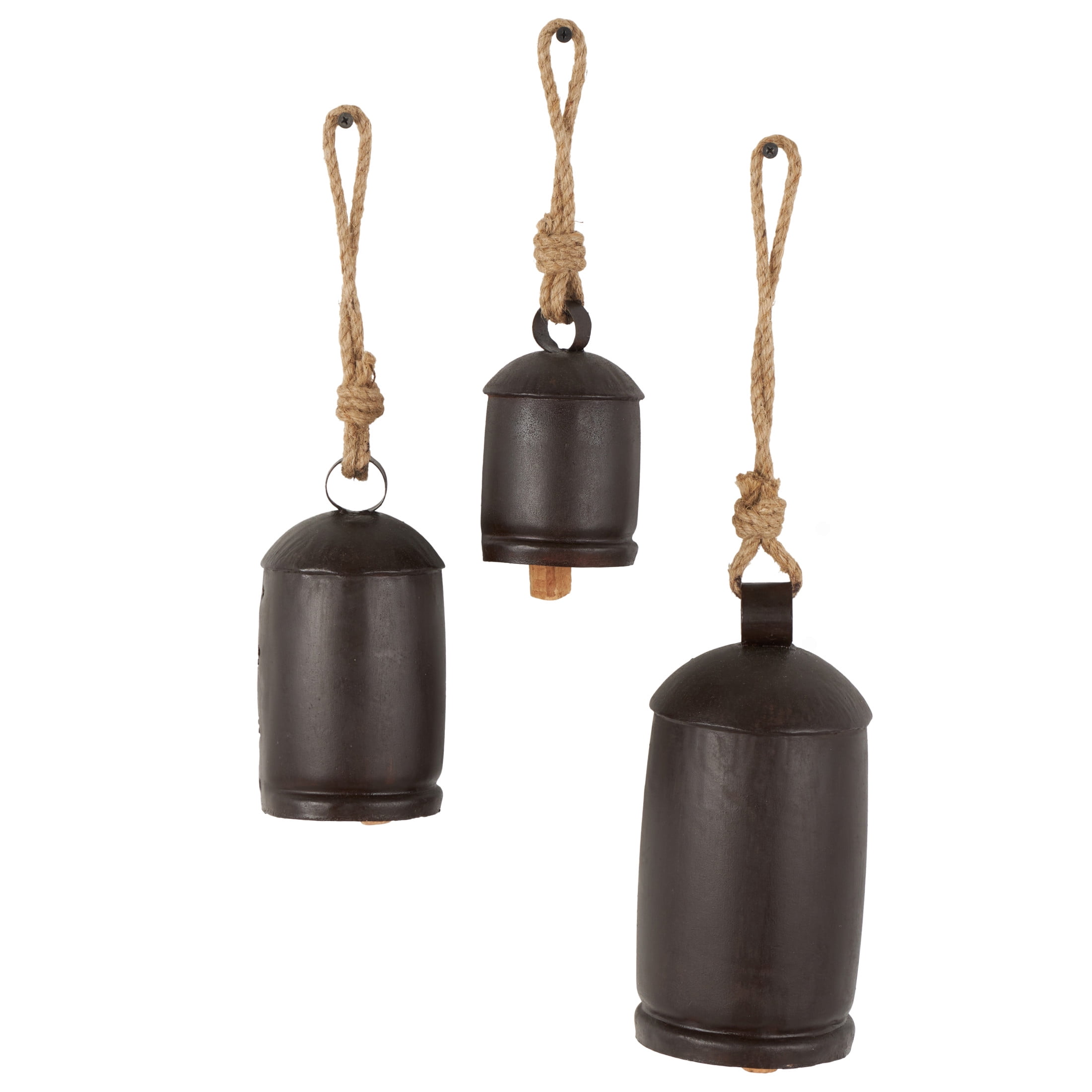 DecMode Tibetan Inspired Dark Brown Metal Cylindrical Decorative Cow Bells with Jute Hanging Rope, 3 Count