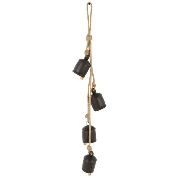 DecMode Tibetan Inspired Cascading Black Metal Cluster Decorative Bells with 4 Bells on Jute Hanging Rope