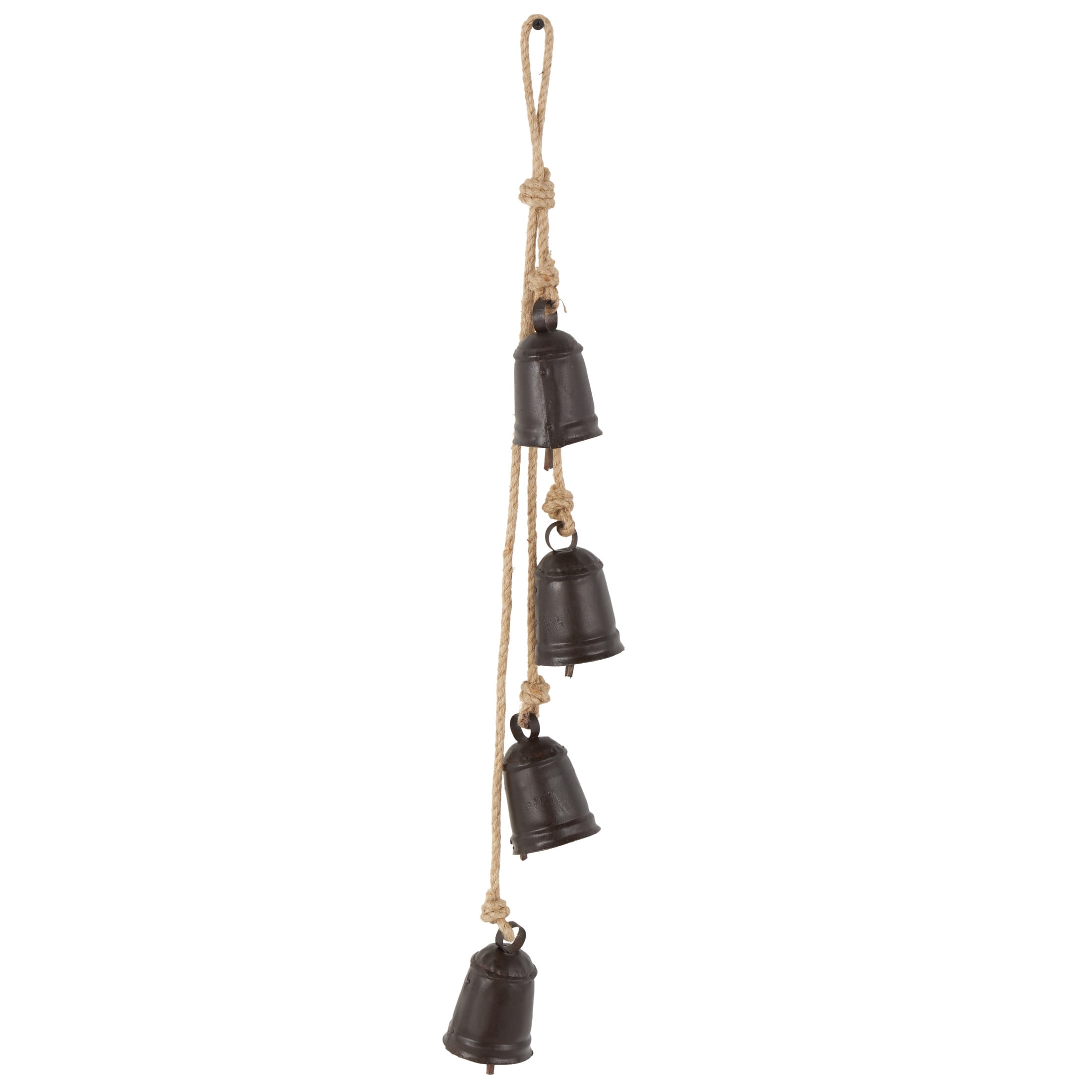DecMode Tibetan Inspired Cascading Dark Brown Metal Cylindrical Decorative Bells with 4 Bells on Jute Hanging Rope