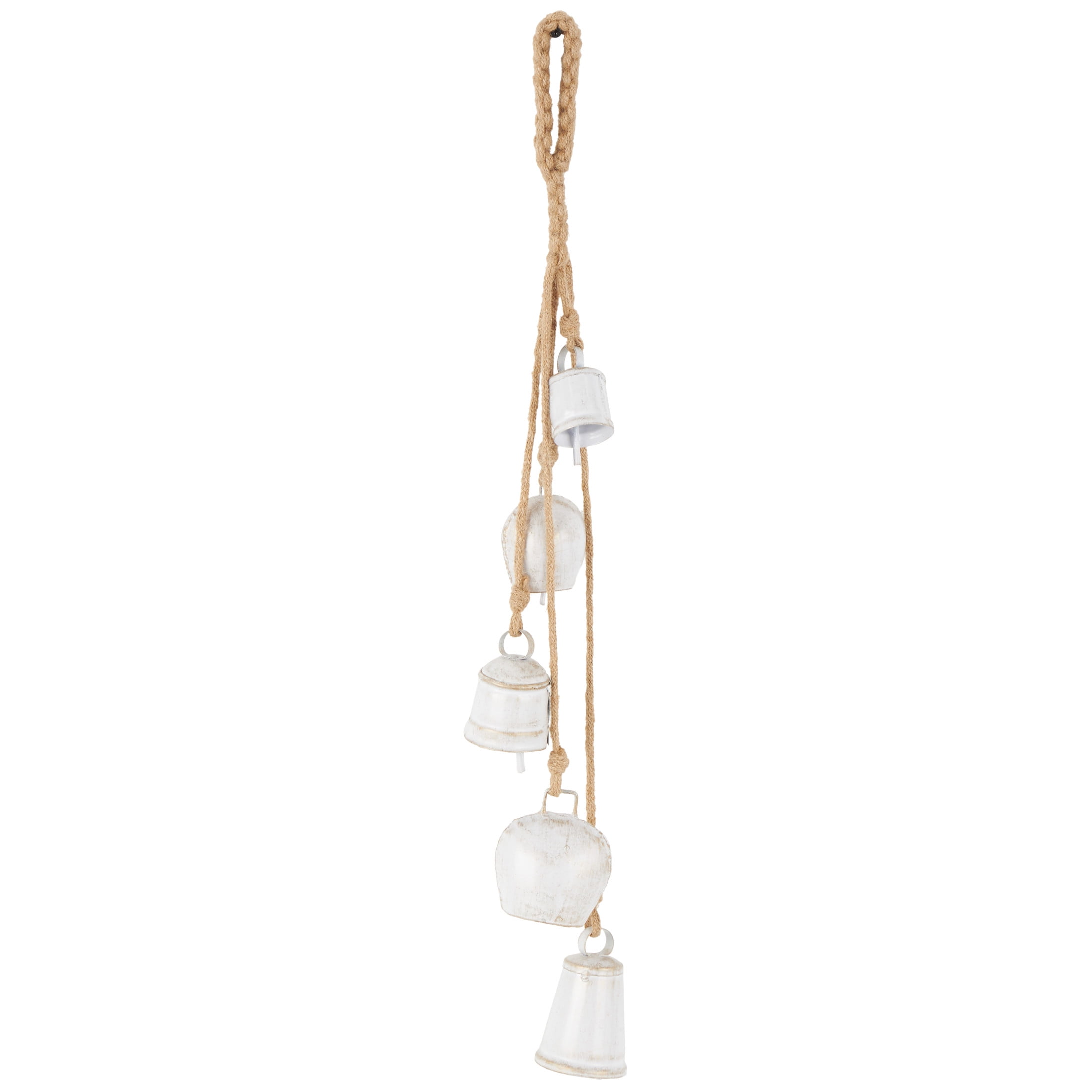 DecMode Tibetan Inspired Cascading White Metal Various Shapes Decorative Bells with 5 Bells on Jute Hanging Rope