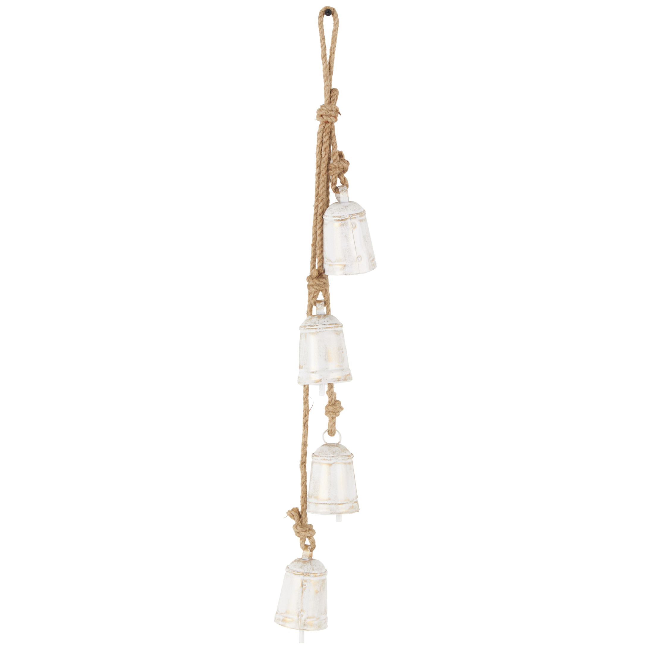 DecMode Tibetan Inspired Cascading White Metal Cylindrical Decorative Bells with 4 Bells on Jute Hanging Rope