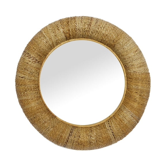 DecMode Coastal Brown Weaved Rattan Round Wall Mirror, 35"D