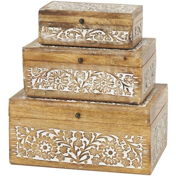 DecMode Coastal Carved Flower Wooden Decorative Box with Natural Brown Finish, Set of 3 8" , 10", 12"H