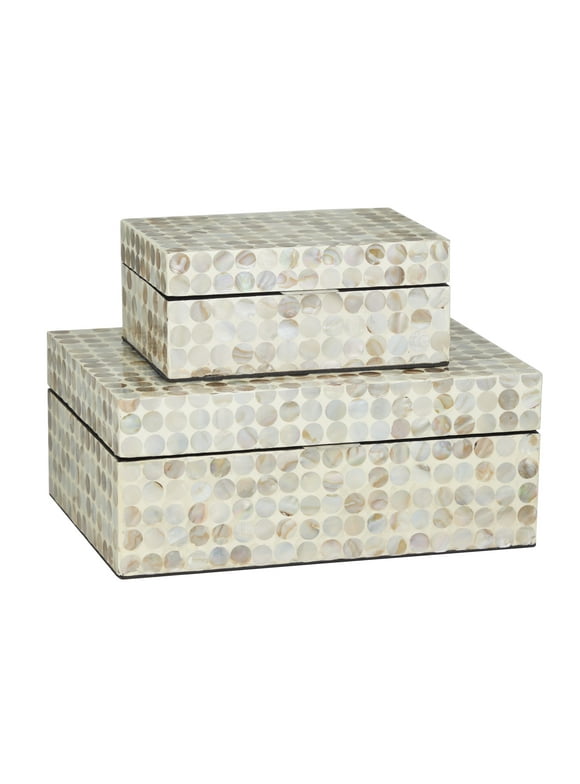 DecMode Coastal Cream Mother of Pearl Geometric Box with Polka Dot Shell Pattern, Set of 2 12", 8"W