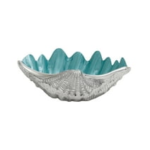 DecMode Coastal Seashell Inspired Metal Serving Bowl with White/Aquamarine Finish, 12"W x 3"H
