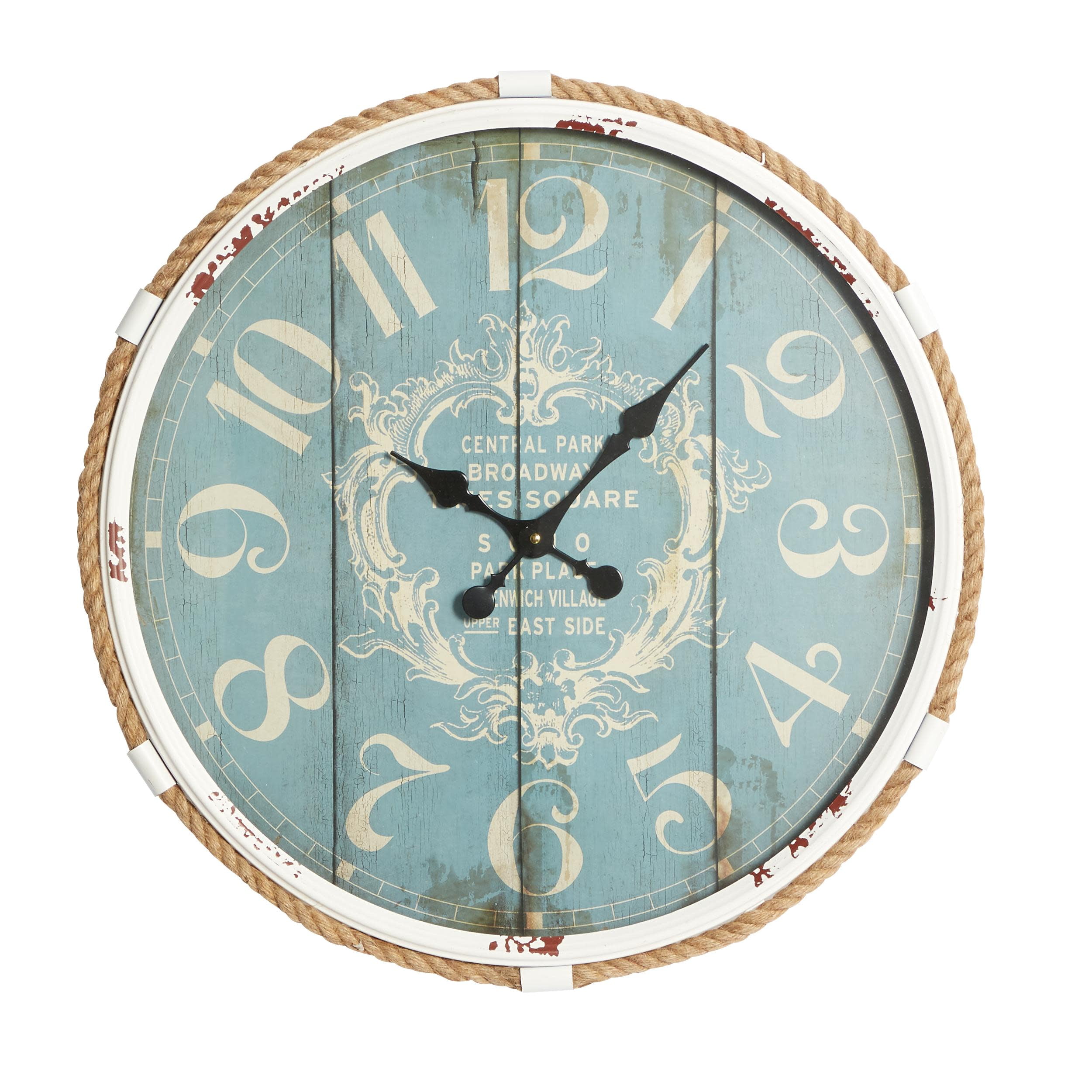 Coastal Blue and White Round Metal Wall Clock with Rope Accent, 25"
