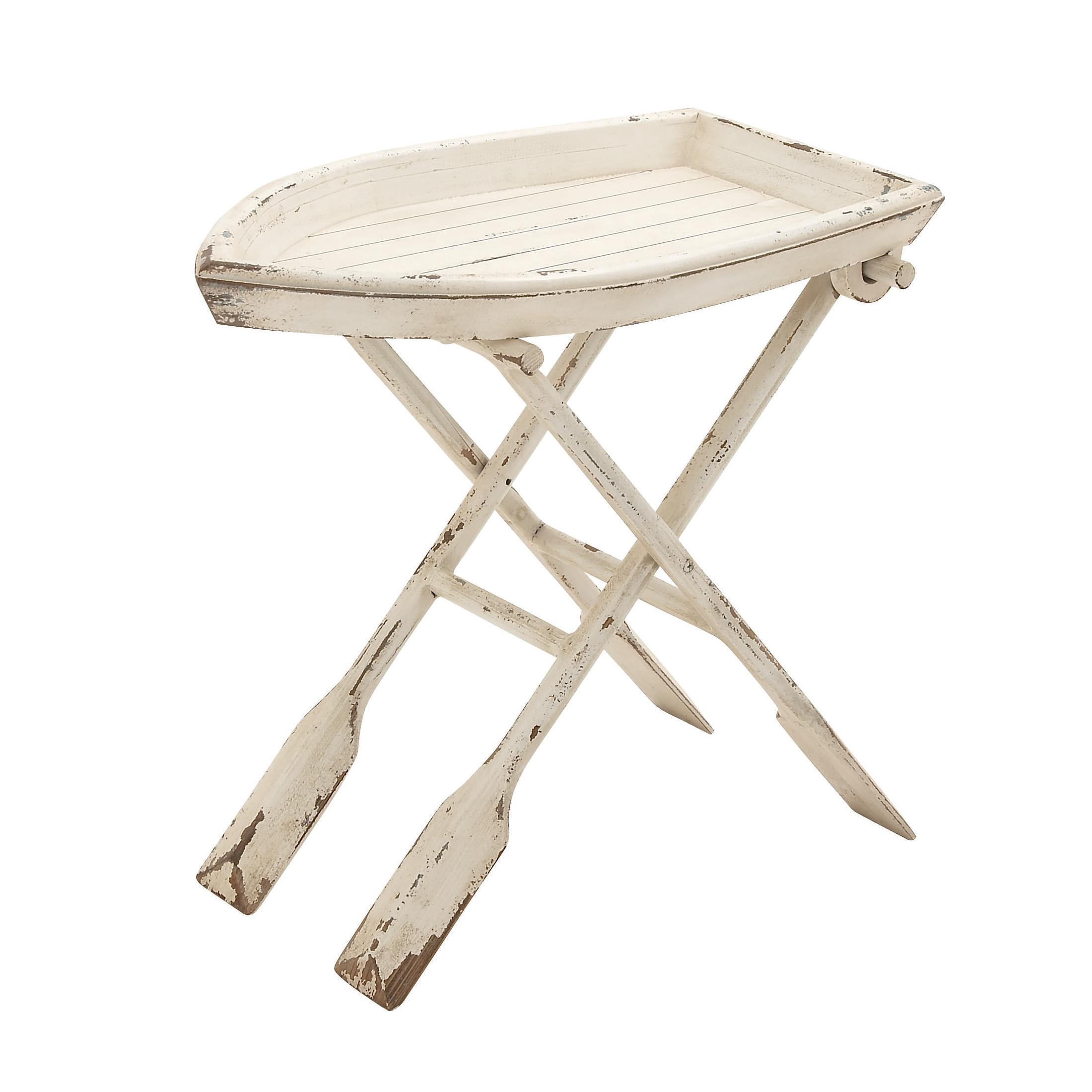 DecMode Coastal Wood Boat with Oar Inspired White  Accent Table, 28"W x 25"H