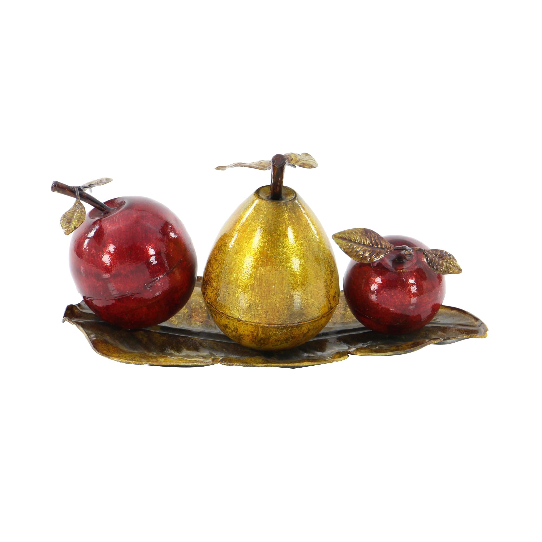 DecMode Colorful Faux Red Apple and Yellow Pear Fruit Table Top Décor on Bronze Metal Leaf Tray, 19"W x 10"L x 9"H
