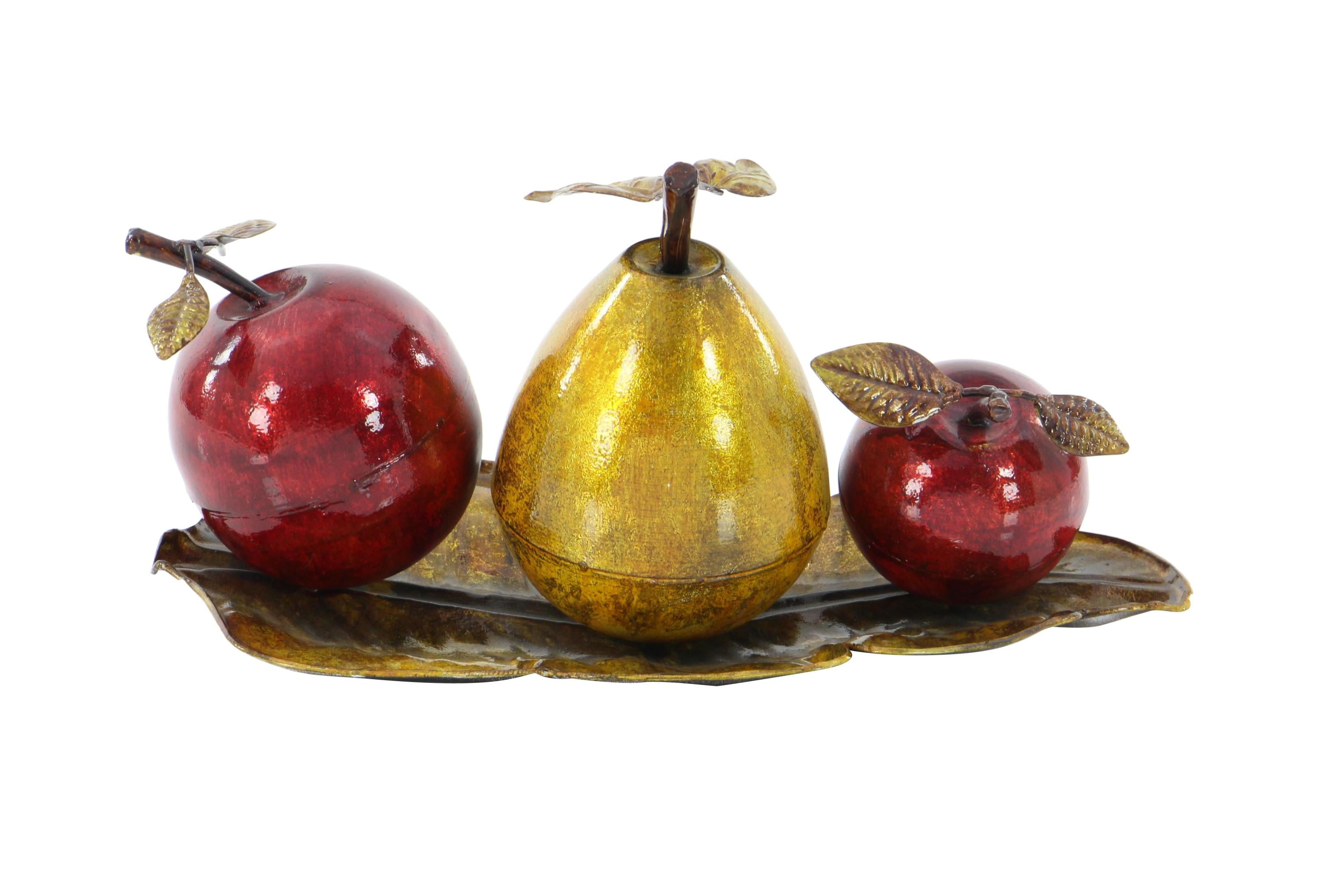 Glossy Red Apple and Yellow Pear Metal Sculpture on Leaf Tray