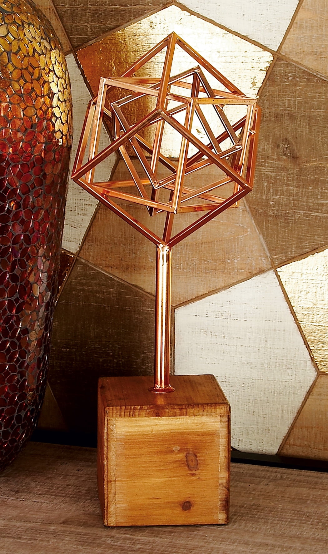 Copper Gold Metal Sculpture with Wooden Base, 18"