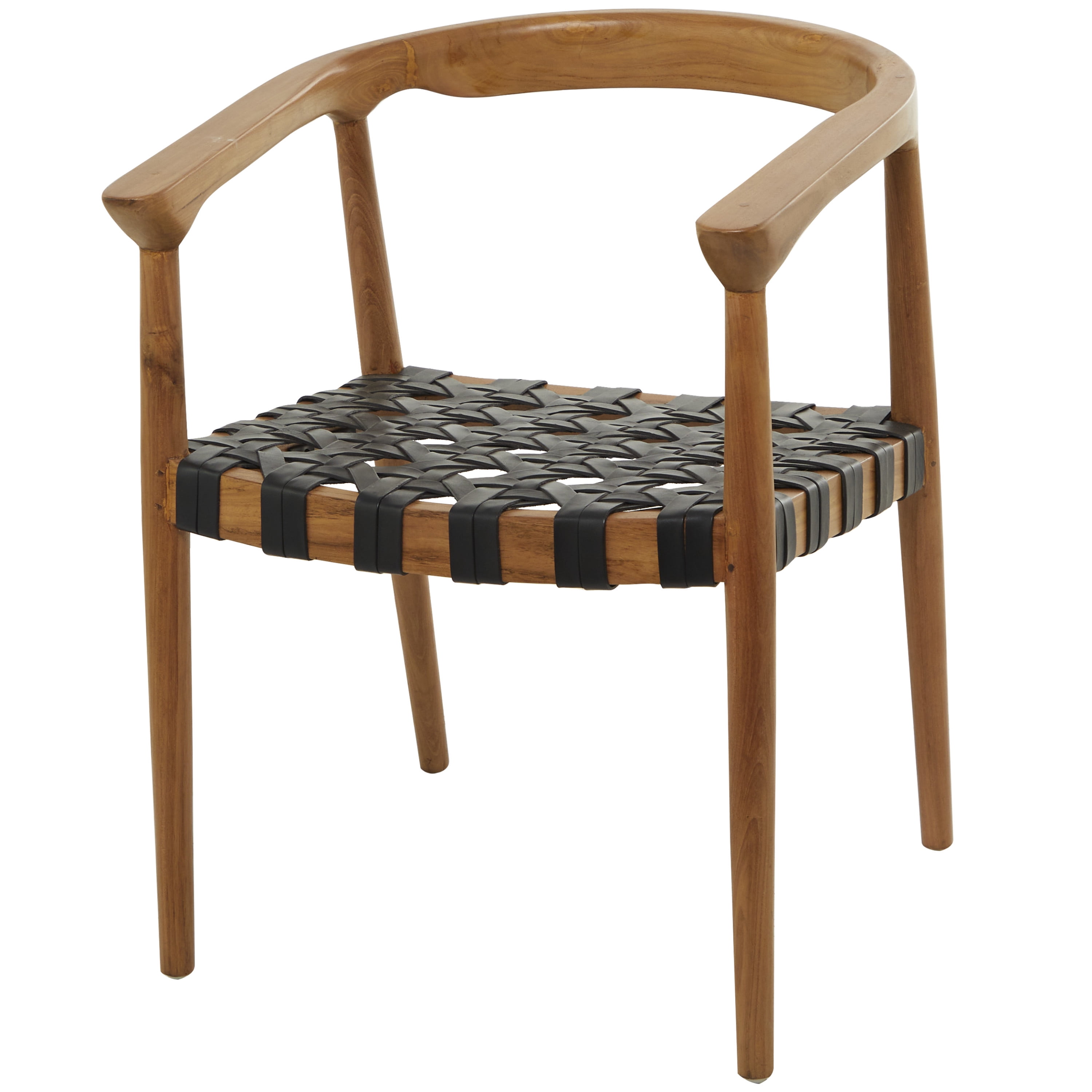 DecMode Contemporary Accent Chair with Polished Brown Teak Wood and Black Leather Woven Seat, 22"W x 30"H