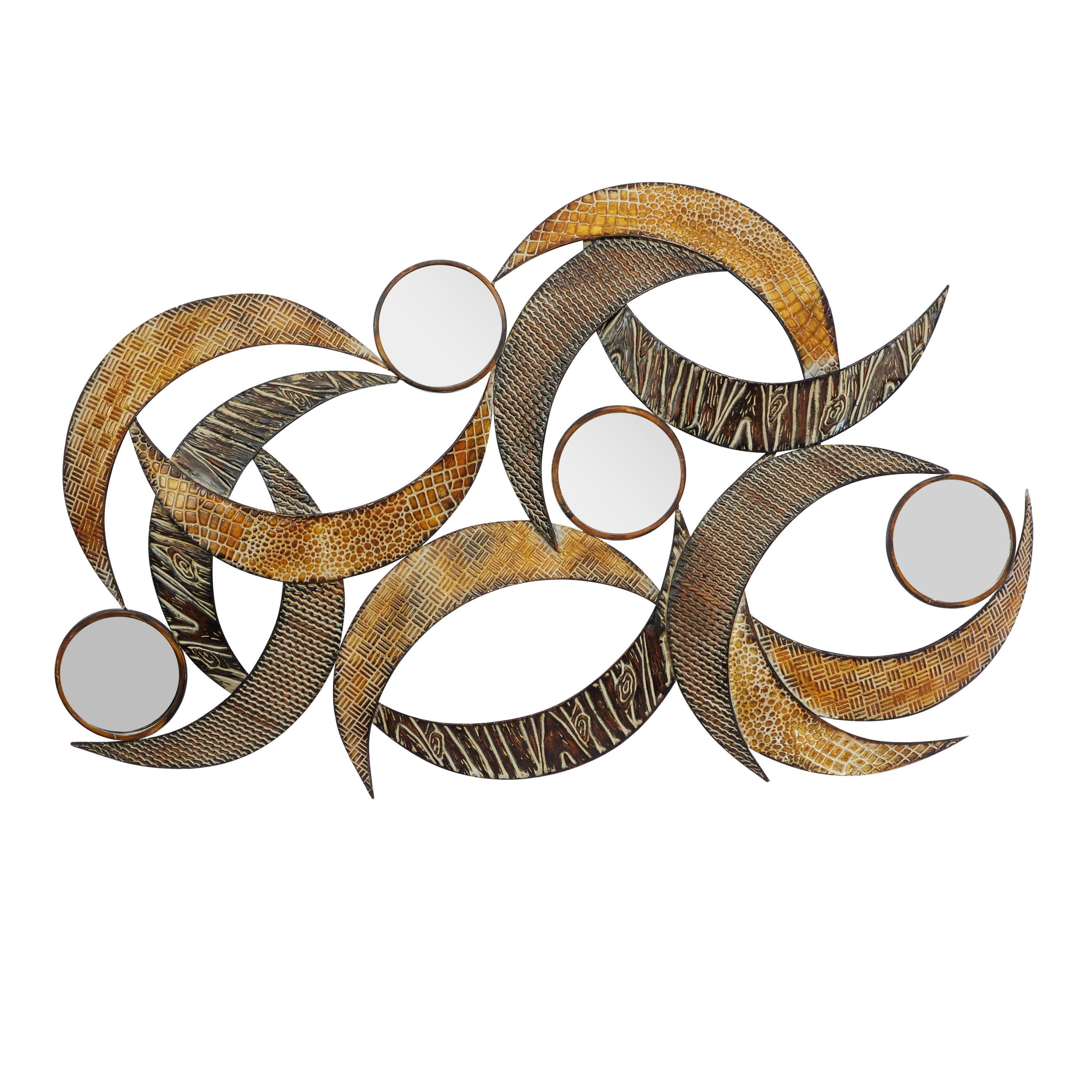 Beige and Brown Metal Crescent Moon Wall Sculpture with Mirrors