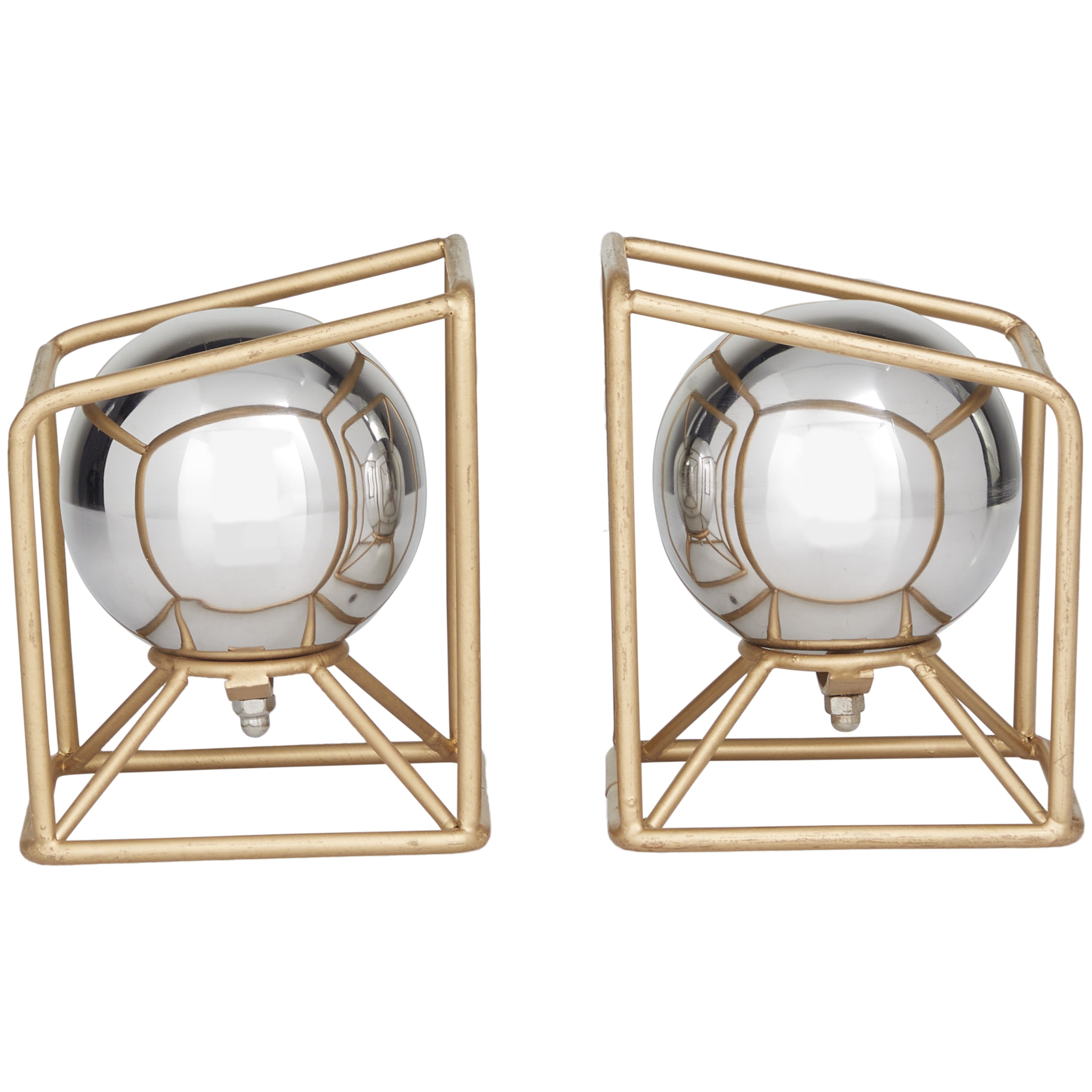 DecMode Contemporary Gold Stainless Steel Open Cube with Silver Balls Globe Bookends, Set of 2 5"W x 6"H