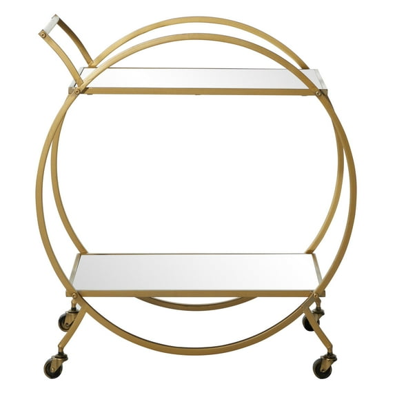 DecMode Contemporary, Modern, Glamorous, Round Iron Gold Frame Bar Cart with Mirror Shelving and Horizontal Handle, 27"W x 15"L x 30"H, Matte Finish