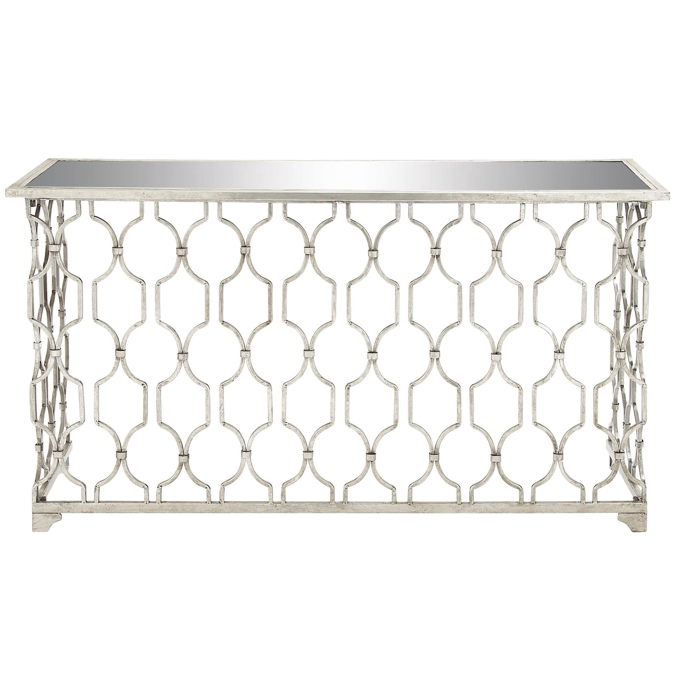 DecMode Contemporary Rectangular Metal with Mirror Top Console Table, 55"W x 32"H Features Silver Circular Trellis Pattern