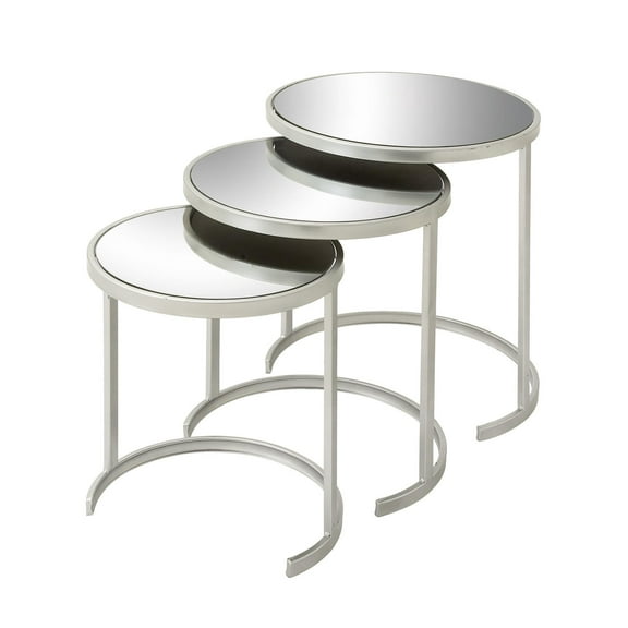 DecMode Contemporary Silver Metal Round Accent Table with Mirrored Glass Top, Set of 3 21", 19", 17"H