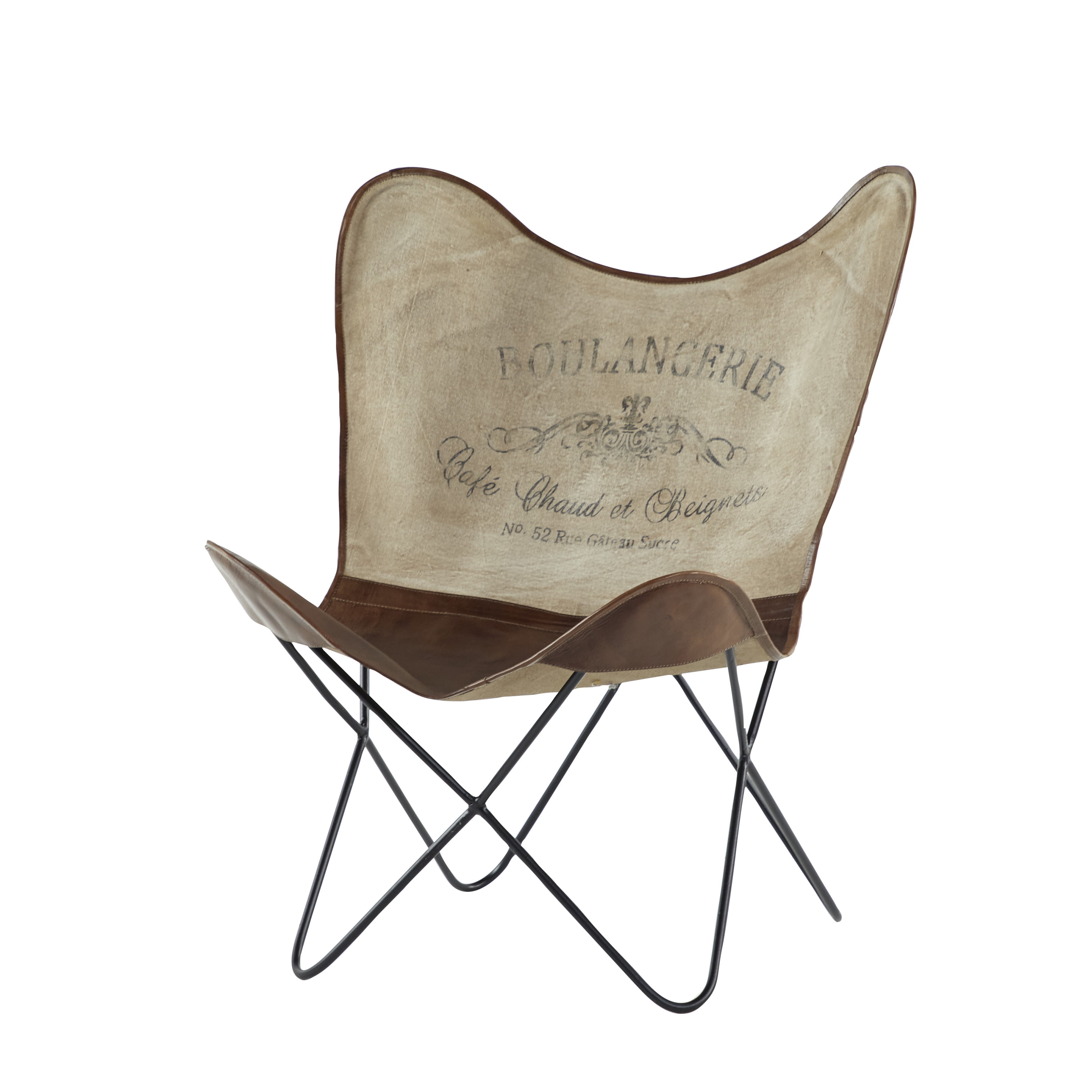 DecMode Contemporary Tan/Brown Canvas Outdoor Chair 30"W x 36"H, Features "BOULANGERIE Café Chaud et Beignets No 52 Rue Gateau Sucre" Text
