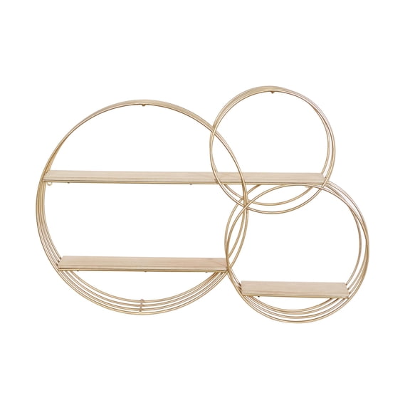 DecMode Contemporary Three Ring Metal Wall Shelf with Metallic Gold Finish, 37"W x 26"H