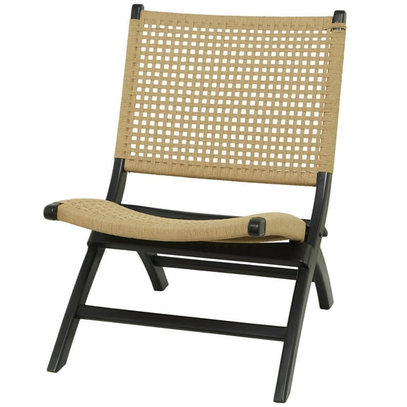 DecMode Contemporary Wood Folding Chair with Polished Black Finish and a Light Brown Woven Seat, 24"W x 34"H
