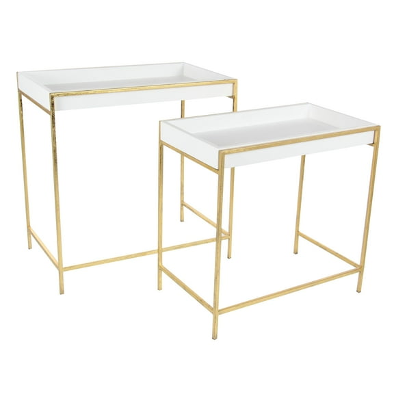 DecMode Contemporary Wood Rectangular Nesting Console Tables, with Gold Frame and White Tabletop Finish, Set of 2 22", 20"W