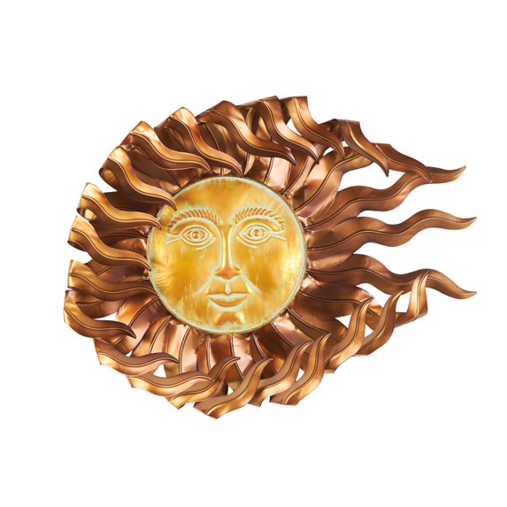 DecMode Copper Metal Sun Wall Decor with Gold Sun Face and Folded Wavy Rays