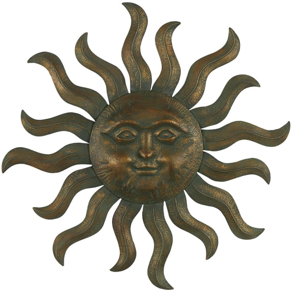 DecMode Copper Metal Sun Wall Decor with Smiling Face and Curved Rays