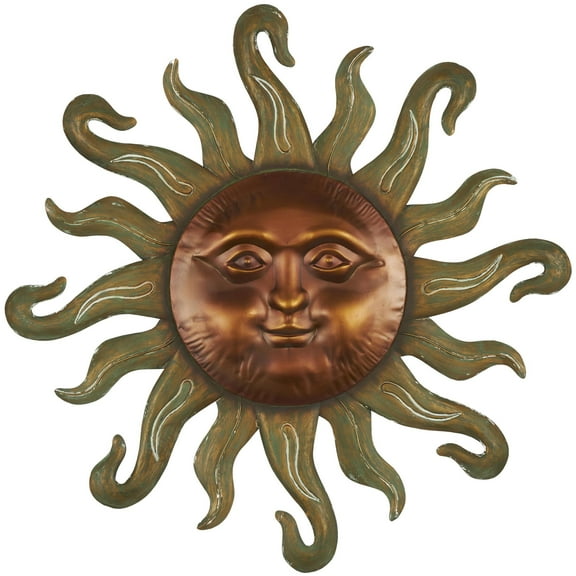 DecMode Copper Metal Sun Wall Decor with Smiling Face and Curved Rays
