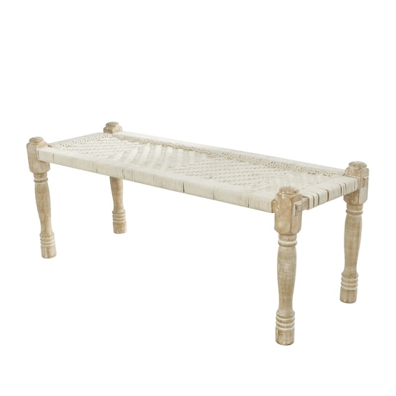 DecMode Cotton Handmade Woven Chevron Patterned Bench with Light Brown Mango Wood Legs, Beige