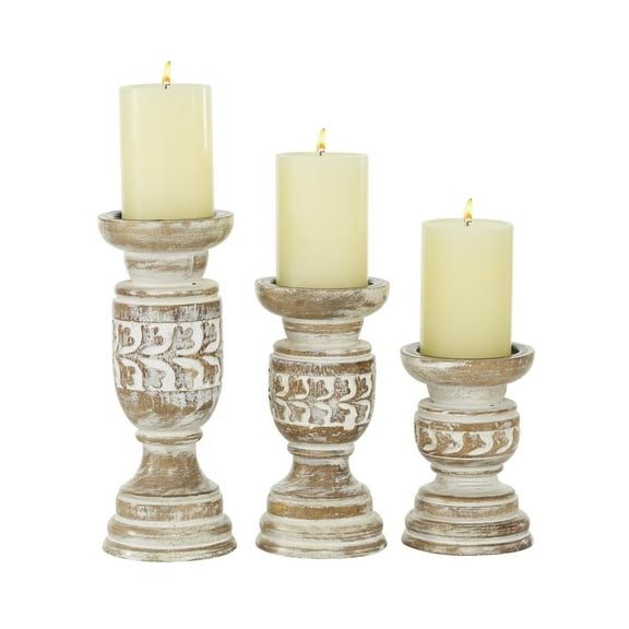 DecMode Country Carved Wood Candle Holder with Light Brown/Whitewashed Finish, Set of 3 6", 8", 10"H