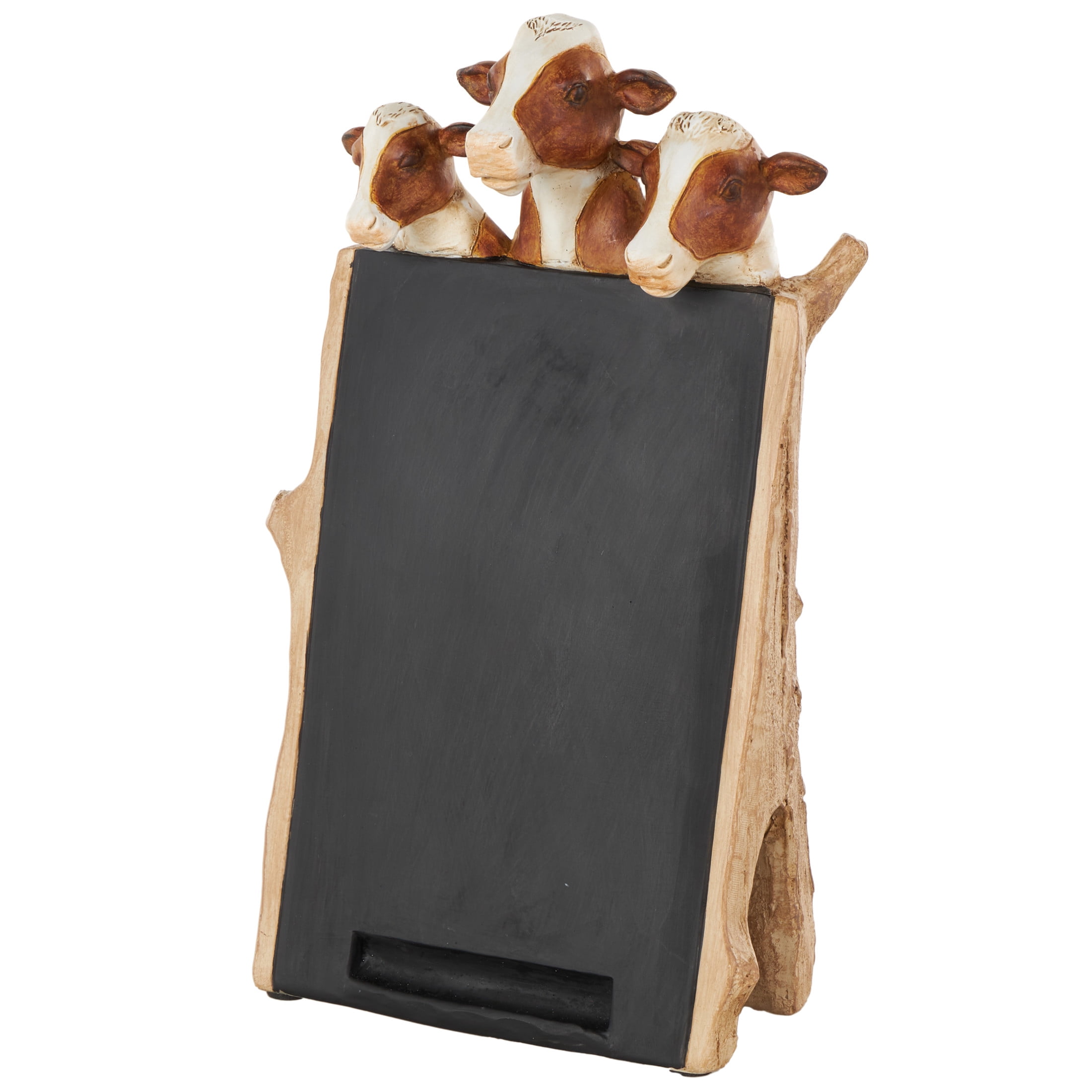 DecMode Cow Chalkboard Polystone Decorative Sign with Brown Tree Trunk Frame, 1-Piece