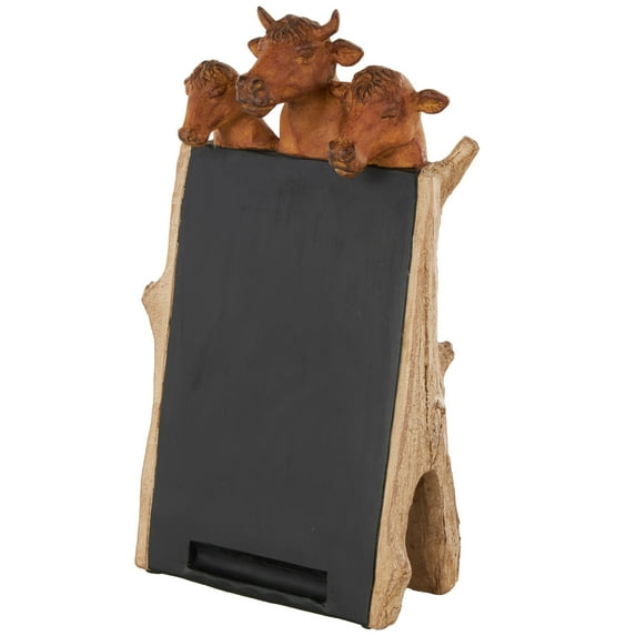 DecMode Cow Chalkboard Polystone Decorative Sign with Brown Tree Trunk Frame, 1-Piece
