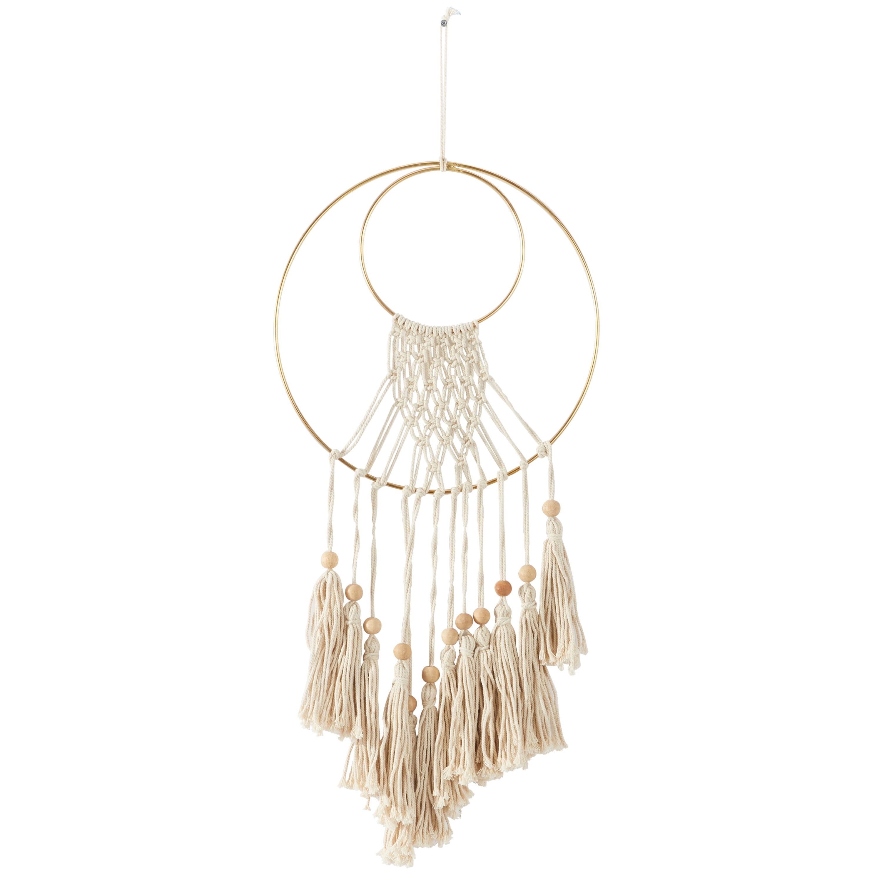 DecMode Cream Cotton Handmade Macrame Wall Decor with Wood Beads and Gold Circular Frame