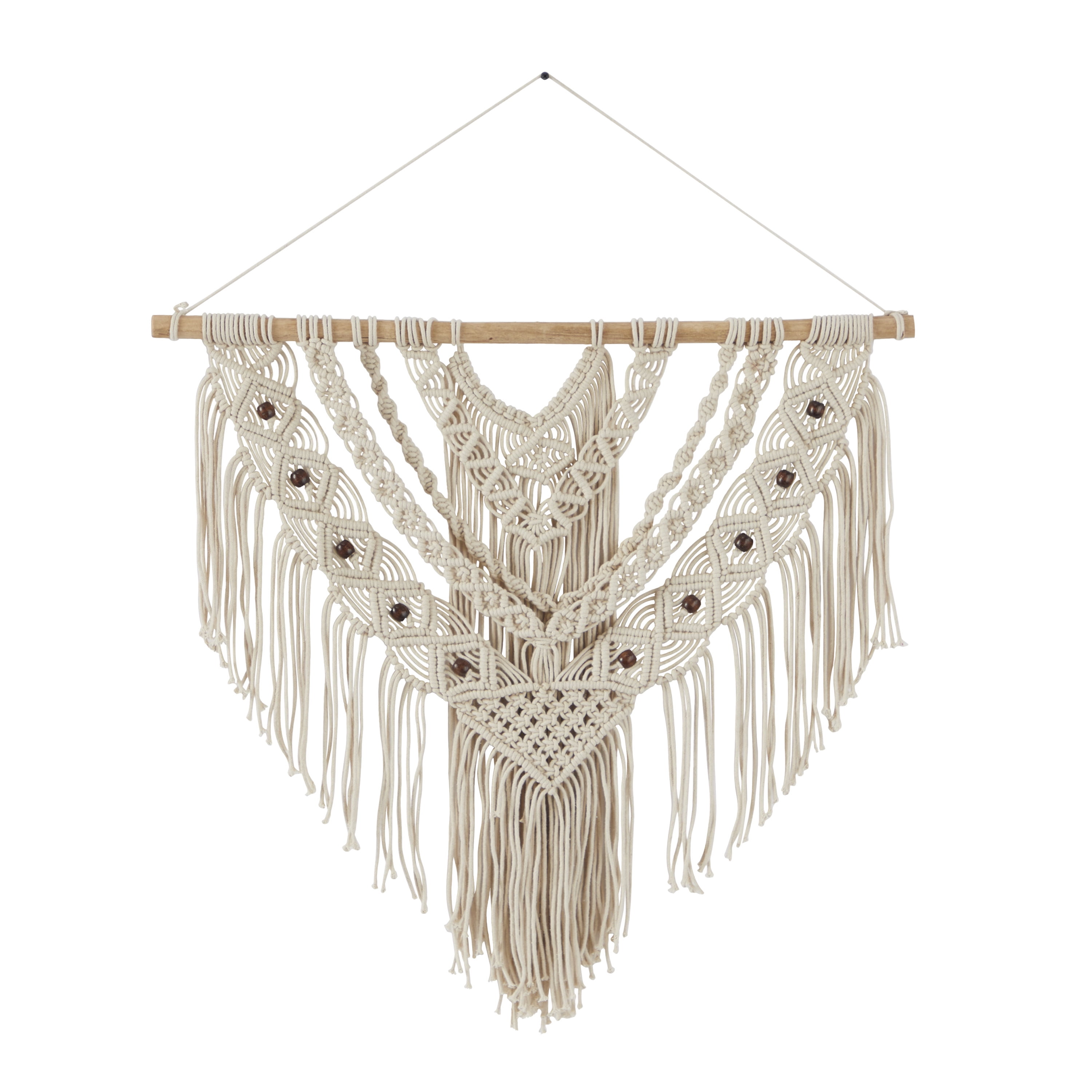 DecMode Cream Cotton Intricately Weaved Macrame Wall Decor with Beaded Fringe Tassels