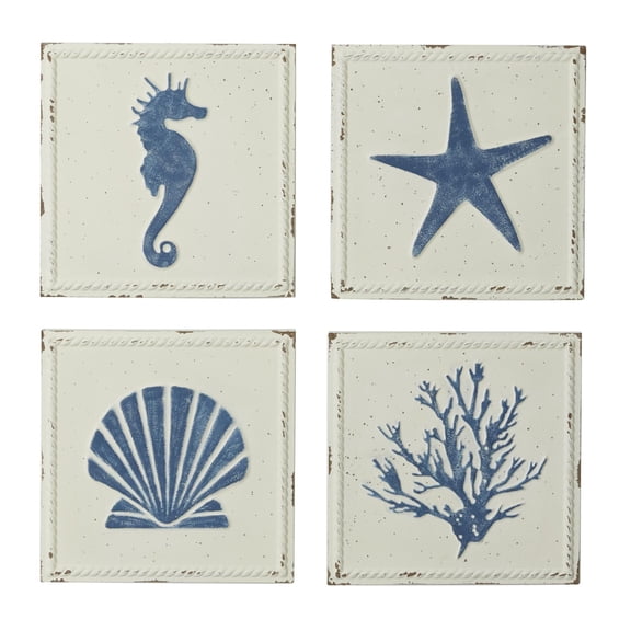 DecMode Cream Metal Speckled Sea Life Wall Decor with Blue Accents (4 Count)